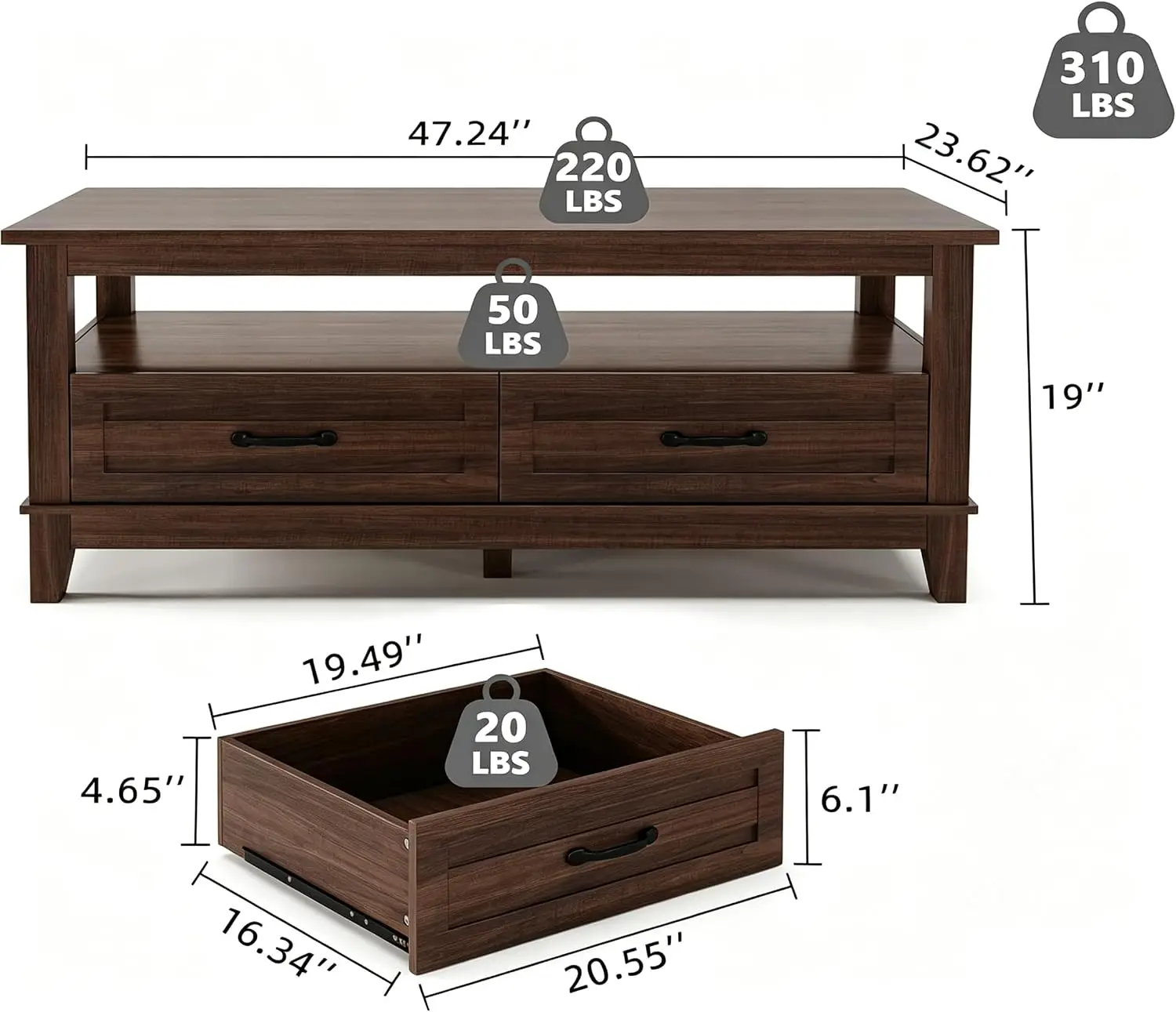 Farmhouse Coffee Table With Storage Drawers, Rustic Living Room Center Table, Wooden Tea Table With Open Bottom Display Shelf, Sturdy Floor Standing Cocktail Table, Walnut Brown, 1 Piece