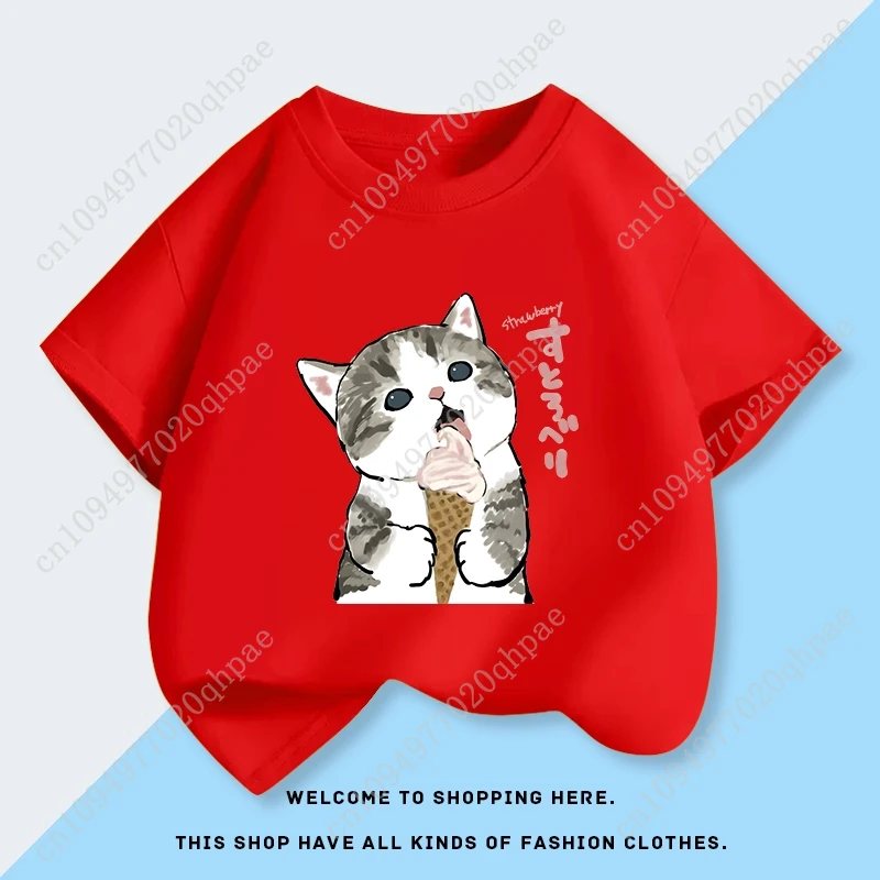 Mofusand القط الفتاة ملابس قصيرة الأكمام تي شيرت الطفل القطن الخالص أعلى الصيف ملابس جديدة الأطفال قميص أساسي