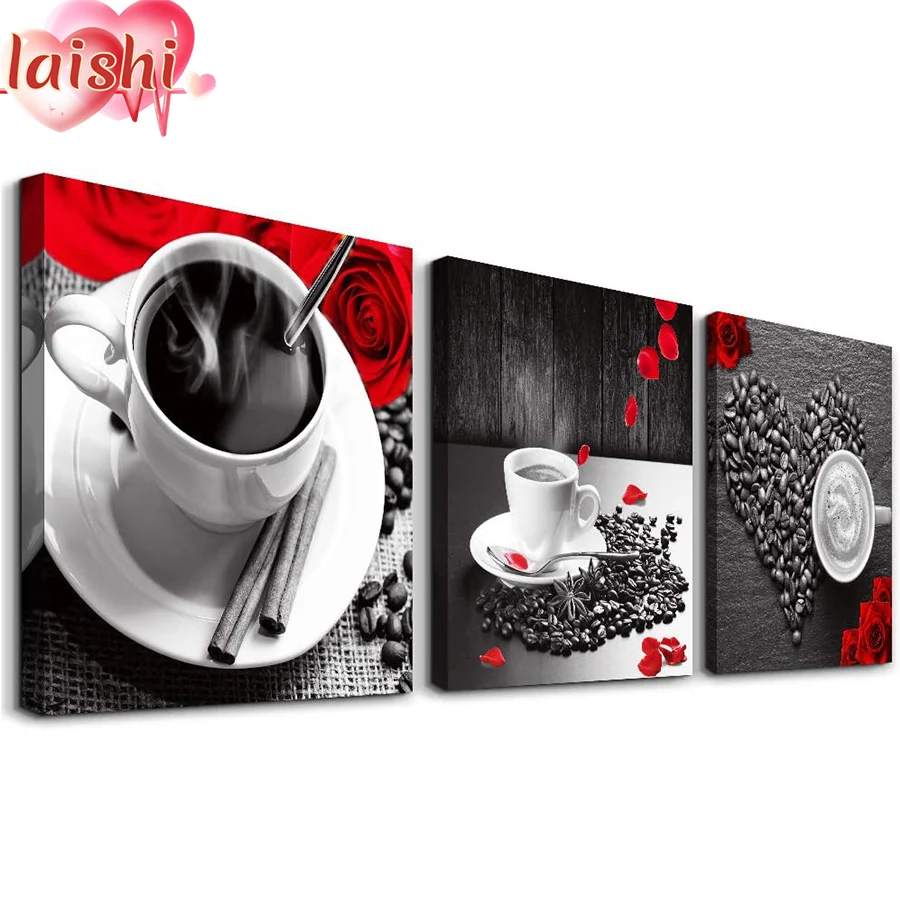 

3pcs Coffee, coffee beans, red rose, afternoon tea Diamond Painting Full Square drill Home Decoration Embroidery Handcraft Art