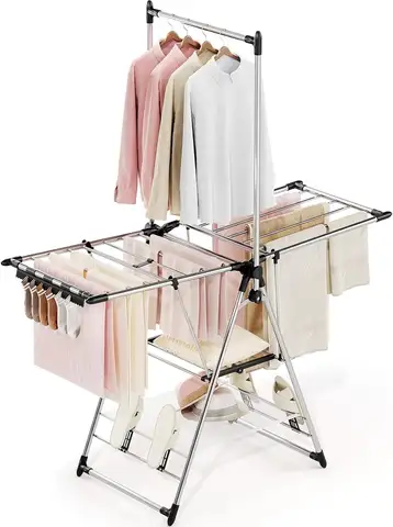 Clothes Drying Rack with High Hanger, Foldable 3-Level Drying Racks with Shoe Rack, Crossbar and Vertical Rod Laundry