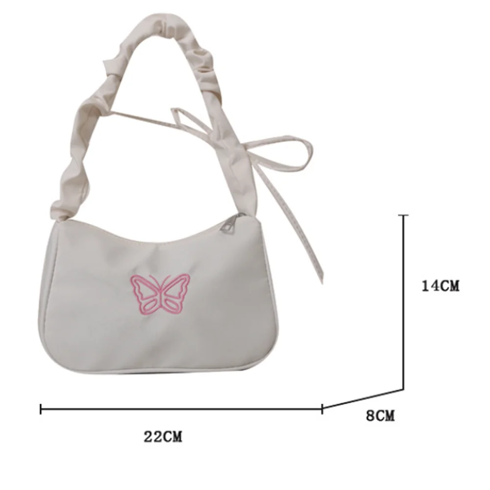 New Embroidery Butterfly Shoulder Bag Retro Y2k Ruffle Handle Bow Tote Bag Fashion Makeup Lipstick Bag Handbag Armpit Bag 2024