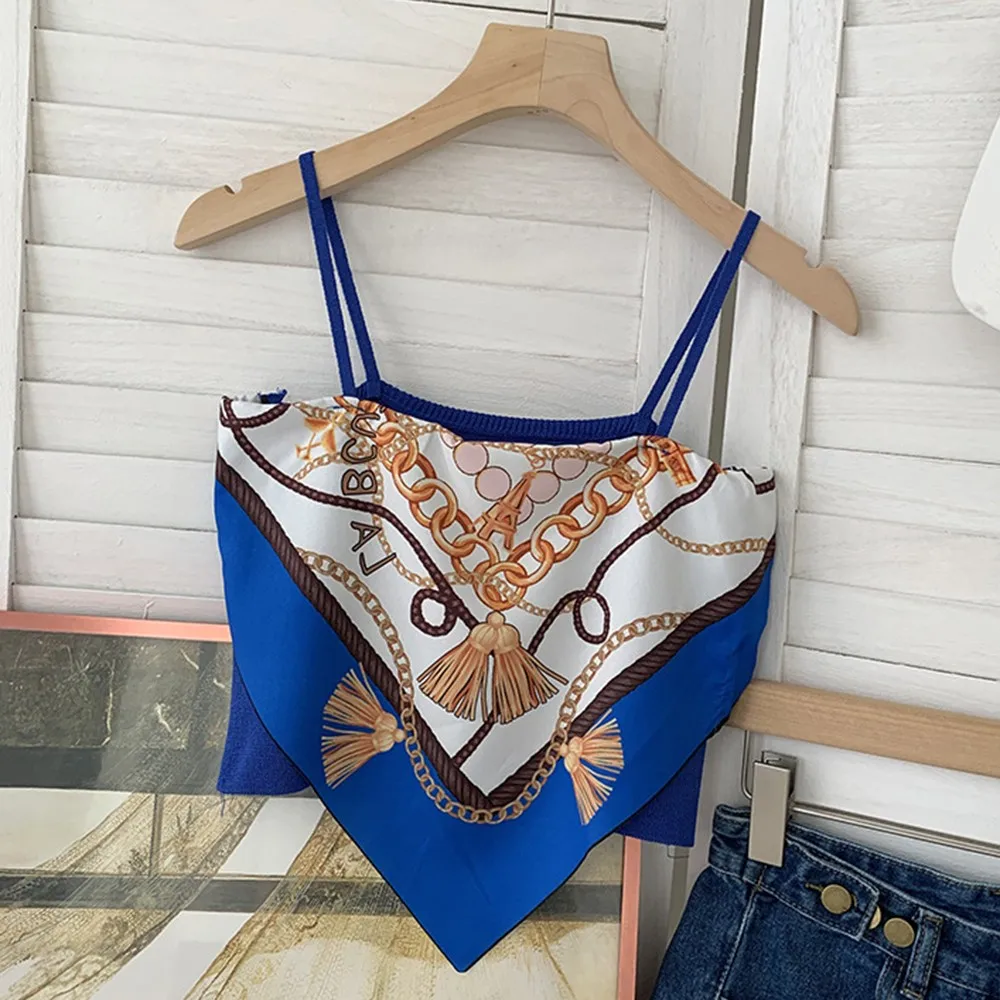 

Women Satin Tie Back Top Retro Clothes Tie Back Knot Spaghetti Asymmetrical Crop Top Sexy Crop Art Bohemian Printed Top