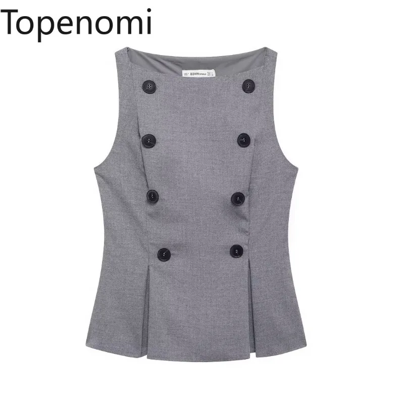 Topenomi Sleeveless Top Women 2024 Autumn Double Breasted Slash Neck Slim Short Tanks Elegant Gray All Match Office Ladies Vest