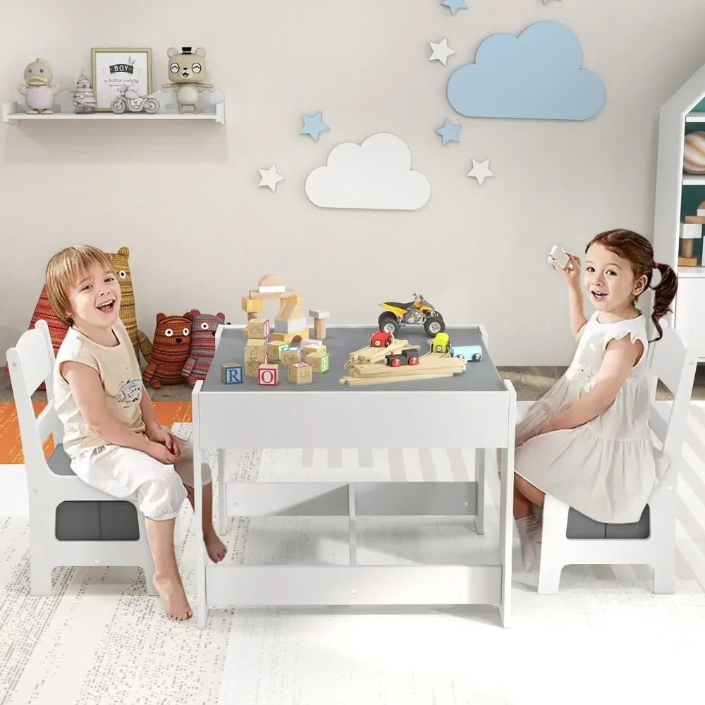 Juego de mesa y sillas para niños, mesa de actividades de madera 3 en 1 con cajón de almacenamiento, mesa desmontable para niños