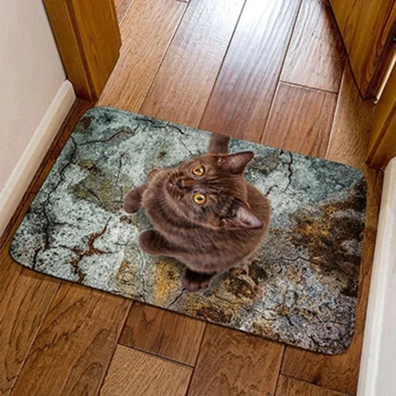 Cute Fluffy White Cat Doormat 2D Cracked Ground Cat Non-Slip Entrance Rug Funny Pet Lover Decorative Floor Carpet for Hallway