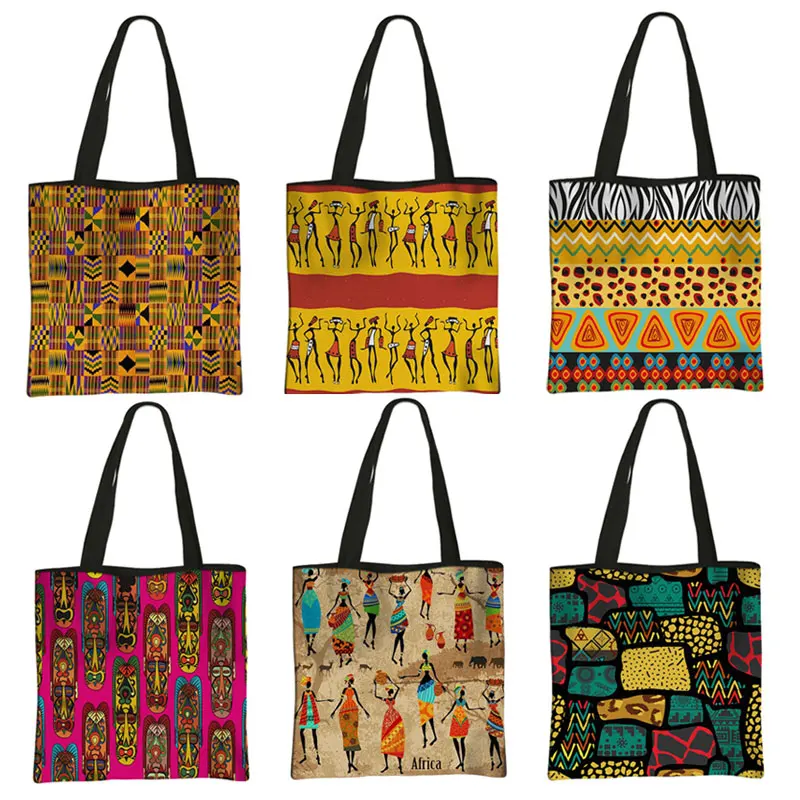 Afro Pattern Print Tote Bag Leisure Handbag Africa Black Woman Canvas Shoulder Bag for Travel Ladies Storage Shopping Bags