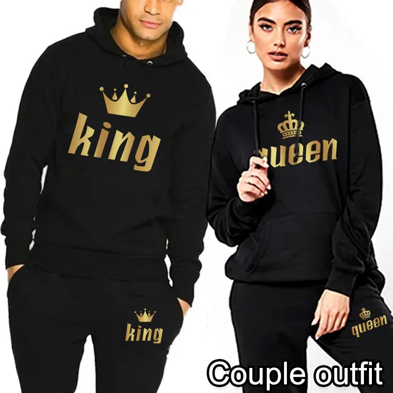 

New King and Queen Couple Sweatshirt Pants Sport Suit Two Pieces Tracksuits Spring Hoodie Pants Set