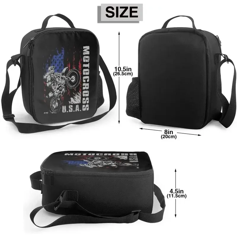 Motocross U.S Flag Print Reusable Insulated Lunch Box with Shoulder Strap Picnic Cooler Food Bag Portable Thermal Bento Tote Bag