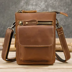 Male Leather Mini Sling Bag Mens Leather Belt Pouch Vintage Cowskin Cellphone Pouch With Shoulder Strap Waist Bags Of Man