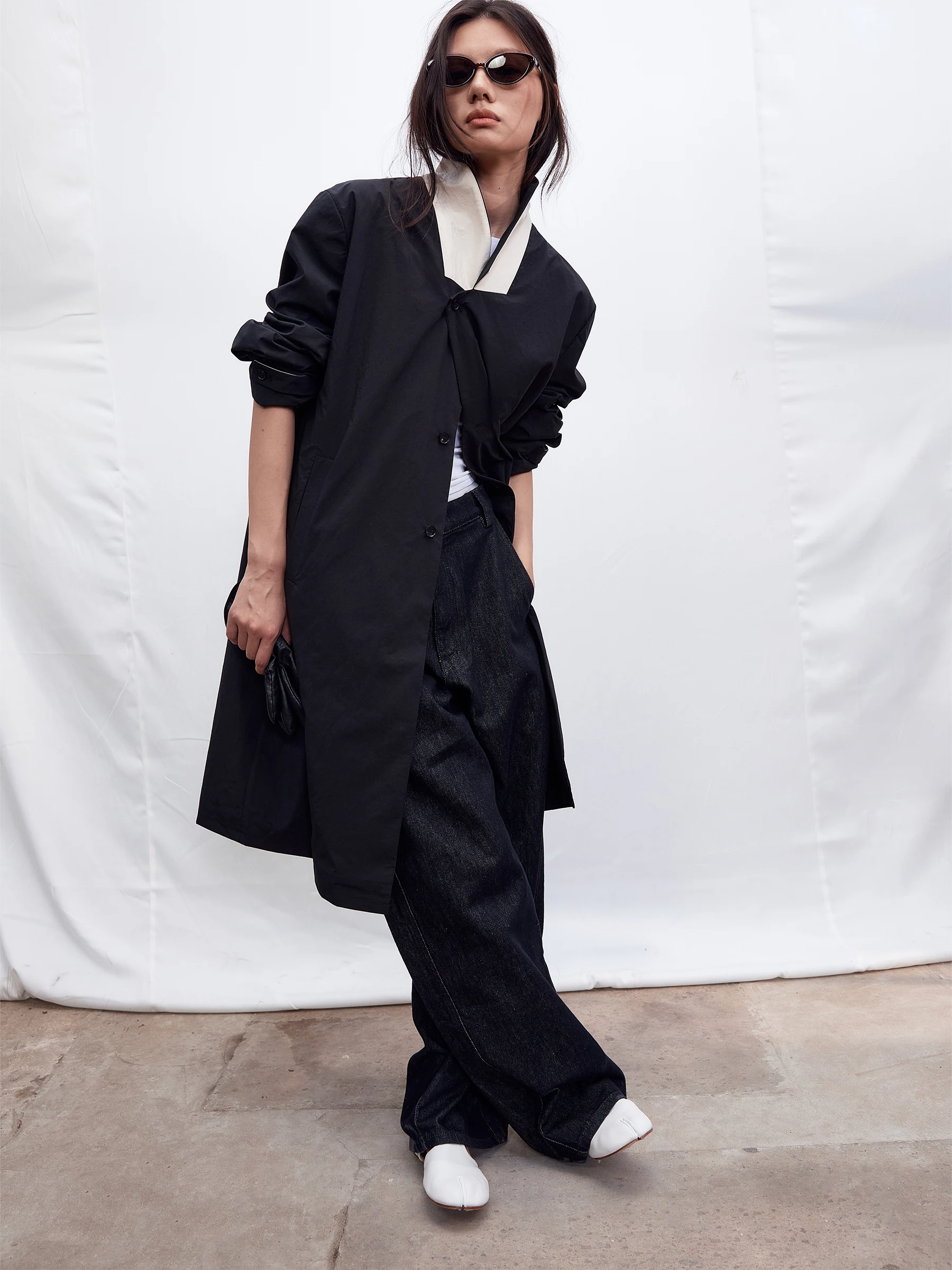 SHKUCO Tori Mohair Vintage Loose Stand Collar Mid-Length Coat Outerwear Polyester Cotton Blend Long Sleeve Single Button Closure