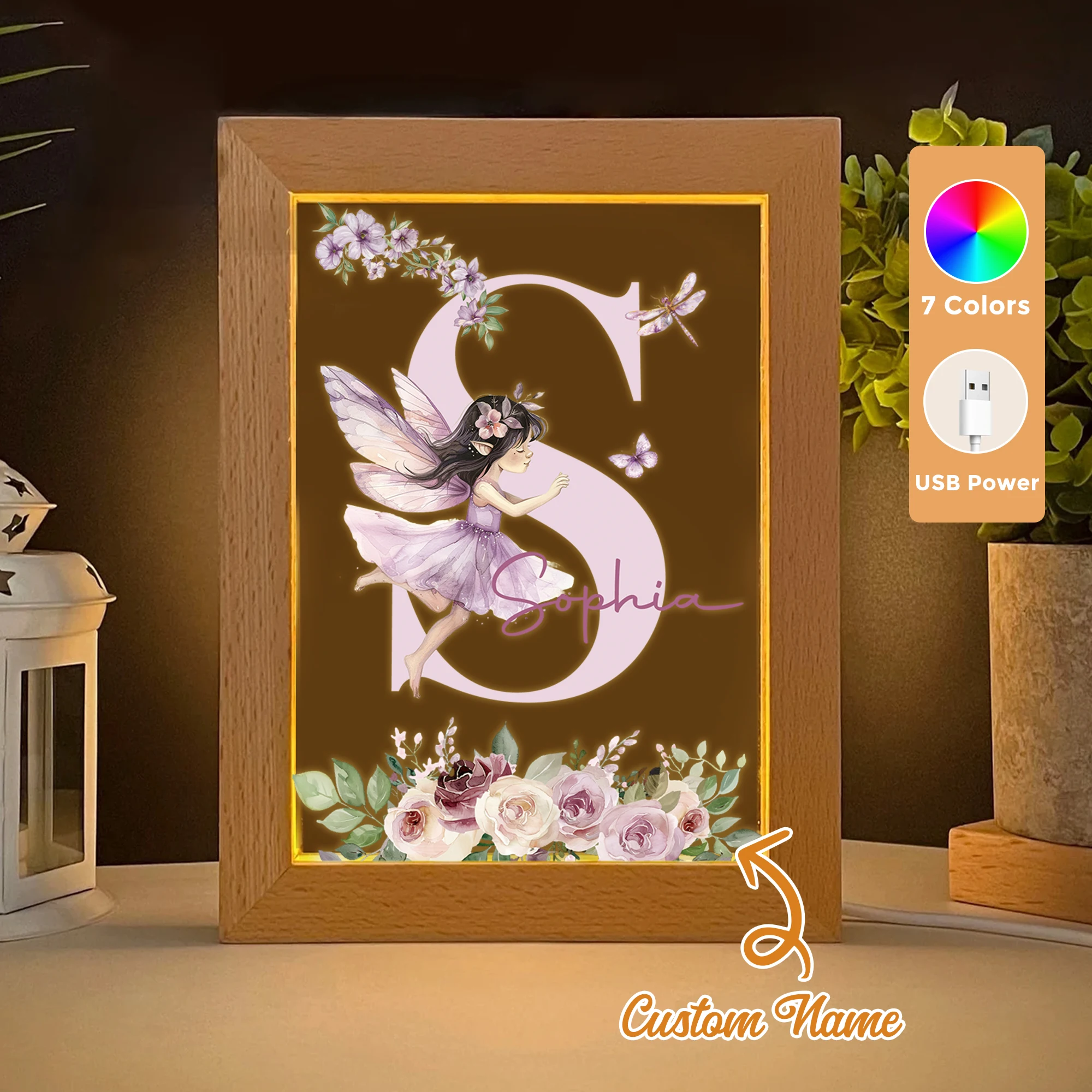 

2D Flat Custom Name Purple Fairy LED Acrylic Night Light Wood Photo Frame 21x17cm Cartoon Children Bedroom Gifts Home Decor Gift