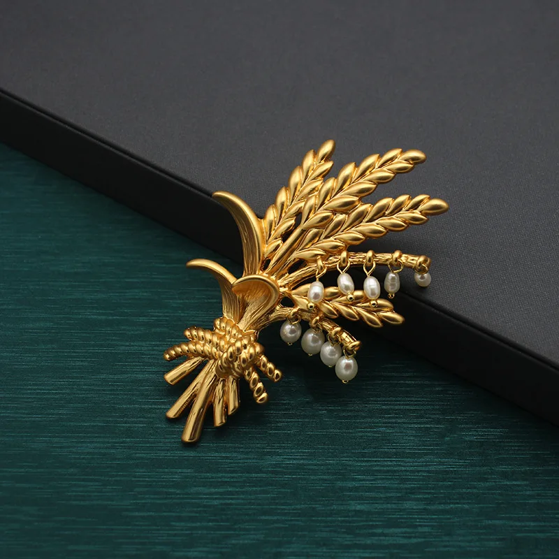 Used Freshwater Pearl Wheat Ear Brooch - Matte Gold, Solid Gold Jewelry - Minimalist and Versatile Style