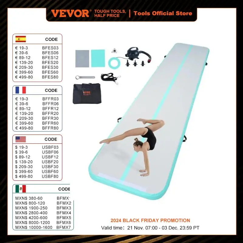 VEVOR 4in Gymnastics Air Mat Tumble Track with Electric Pump Training Mats for Home Use Gym Yoga Cheerleading Beach Park Water