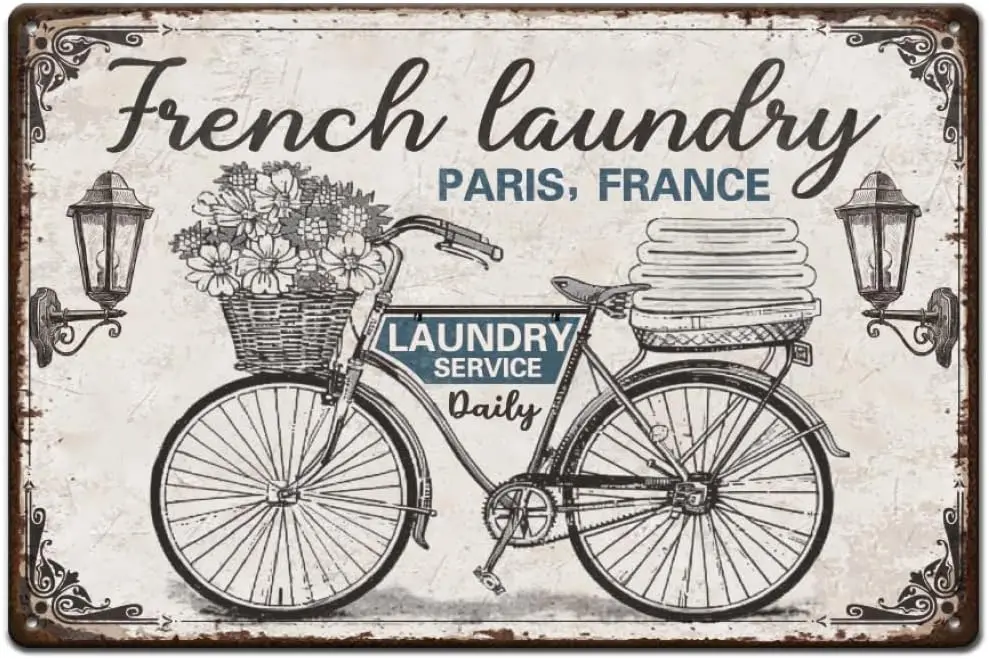 SUPERDANT French Laundry Metal Tin Sign Laundry Service Vintage iron Signs Bike Flowers Metal Plaque Laundry Metal Wall Art Post