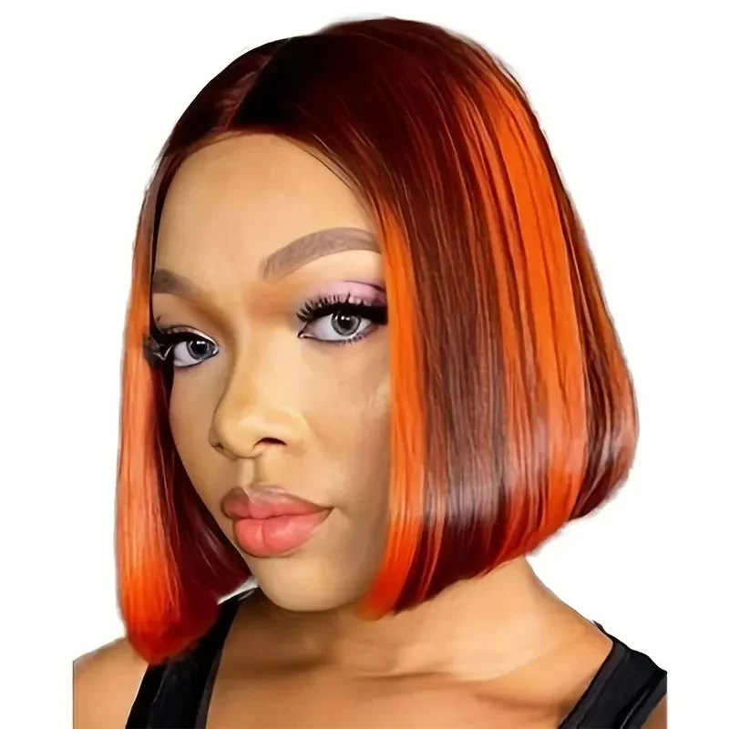 13x4 Straight Lace Frontal Bob Wig  Brown Ginger Orange Color Brazilian Remy Bone Straight Short Bob Wig For Women 10-14 Inch