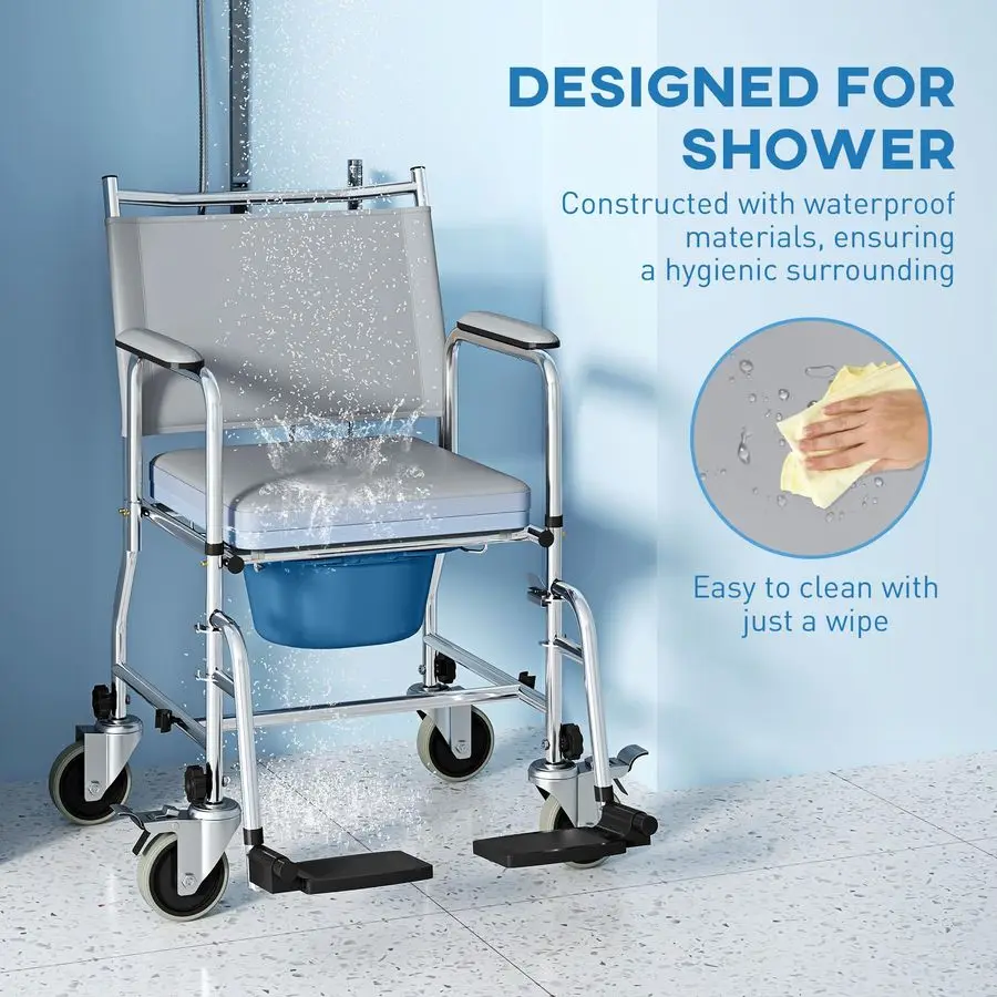 3 in 1 Shower Commode Wheelchair with 4 Lockable Wheels, Bedside Commode Chair with Arms, Footrests, Detachable Bucket, for Seni