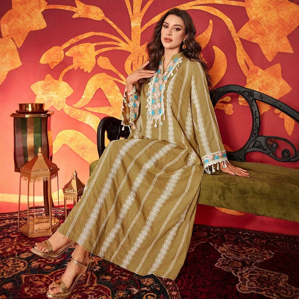 

Ky2026 Women's Elegant Notched Collar Embroidered Long Sleeve Maxi Dress With Fringe Decoration, Casual Style Islam Elegant