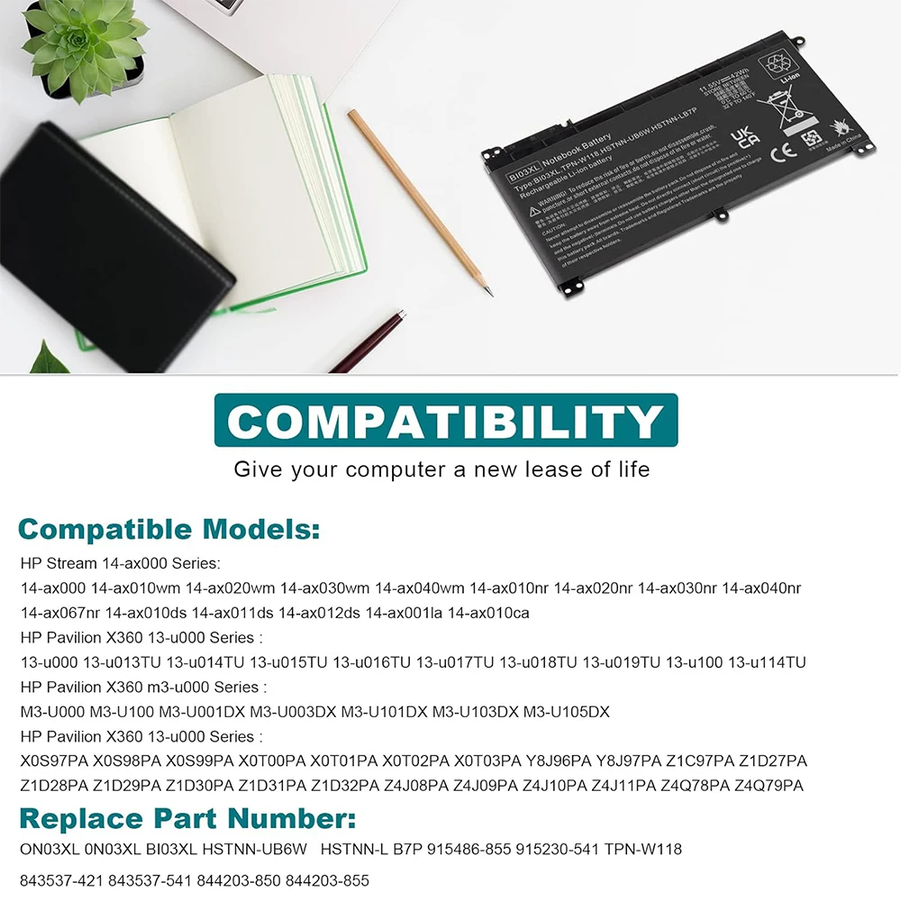 BI03XL 844203-855 Laptop Battery for HP Pavilion X360 13-U M3-U 13-u000 M3-U001DX M3-U103DX 13-U100TU 13-U118TU 14-AX ON03XL