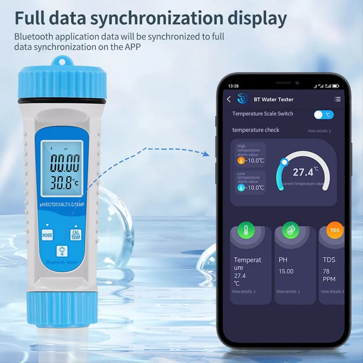 Bluetooth 6-in-1 TDS-meter Digitale watertester EC TDS ZOUT Temperatuur PH-meter Aquariumwatertester