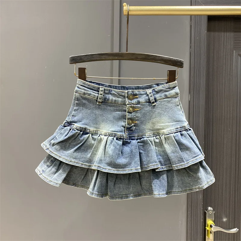 

Ruffles Women Denim Mini Skirts Solid High Wasit Button Up Vestidos 2024 Autumn New Popular Streetwear Sexy Club Party Dresses