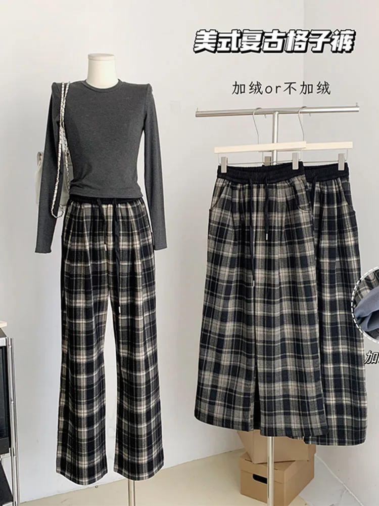 

Classical Plaid Baggy Wide Legs Pants High Waist Casual Lace UpTrousers Korean Fashion Trend Suit Straight 2023 Japanese Fashion