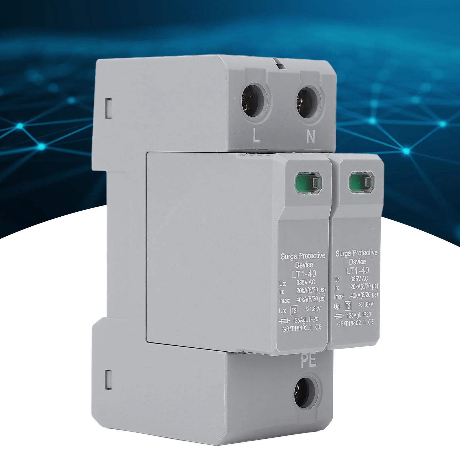 

AC Surge Protective Device Protector 385V Protective Device AC 385V 2P 40KA Low Voltage 35mm DIN Rail Mount Protector LT1‑40