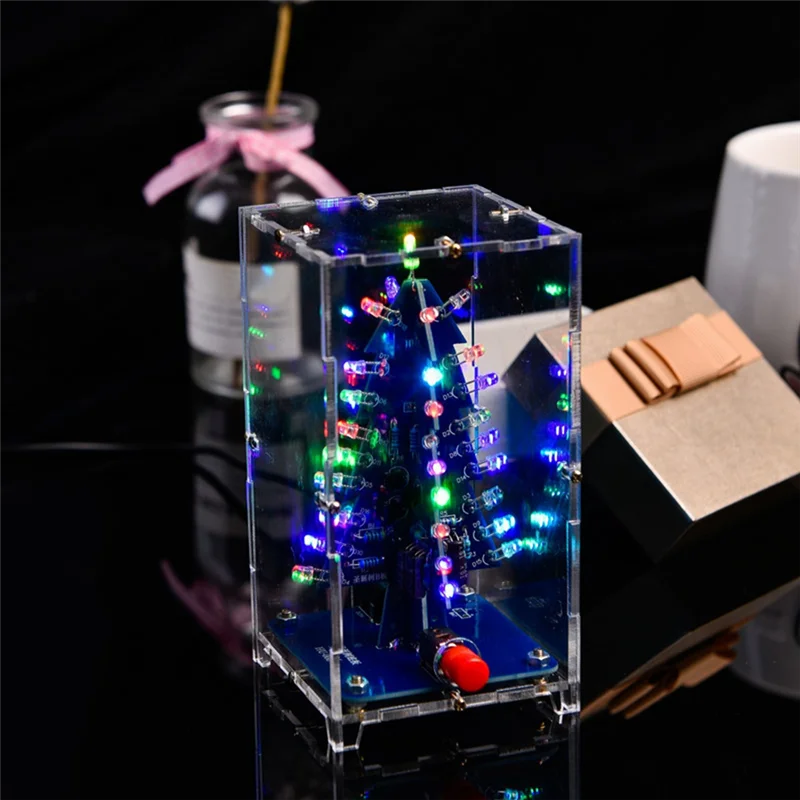 RGB LED กระพริบต้นคริสต์มาส DIY ชุด + กรณี Electronics การประสาน สีสัน 3D Xmas Tree DIY ชุดสําหรับบัดกรี Practice