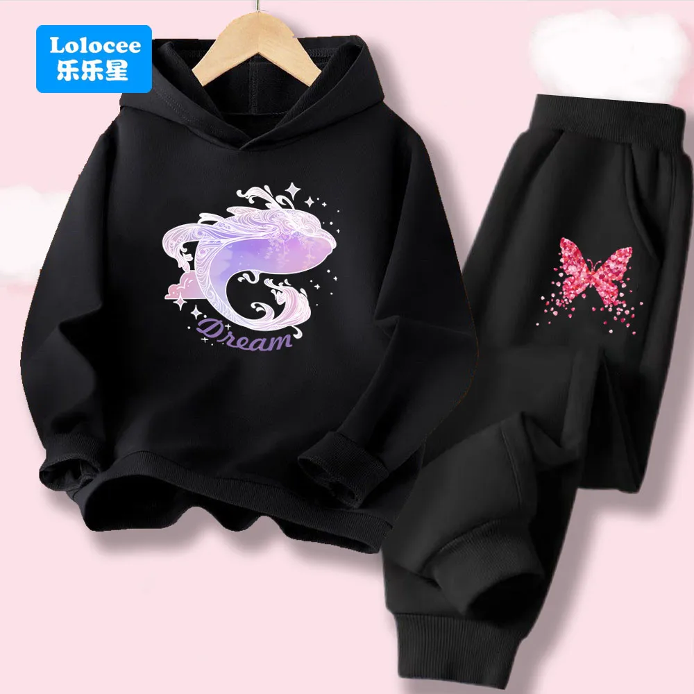 Girls' Hoodie Set Cartoon Whale Print Hoody Sweatshirt + Pants 2pcs Kids Casual Outfit Brand Children's Spring Fall Clothing JY1