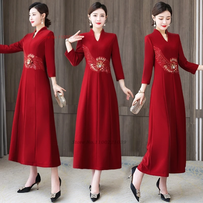 2025 traditional chinese vintage a-line dress improved qipao national flower embroidery v-neck dress wedding qipao evening dress