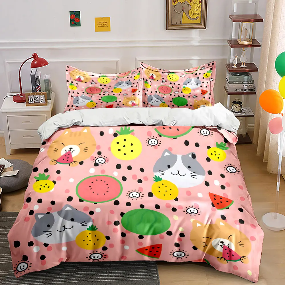 Cute fruit and cat pattern Print Soft Comfortable Duvet Cover Bedding Set Included 1*Duvet Cover  2*Pillowcases Luxury gifts