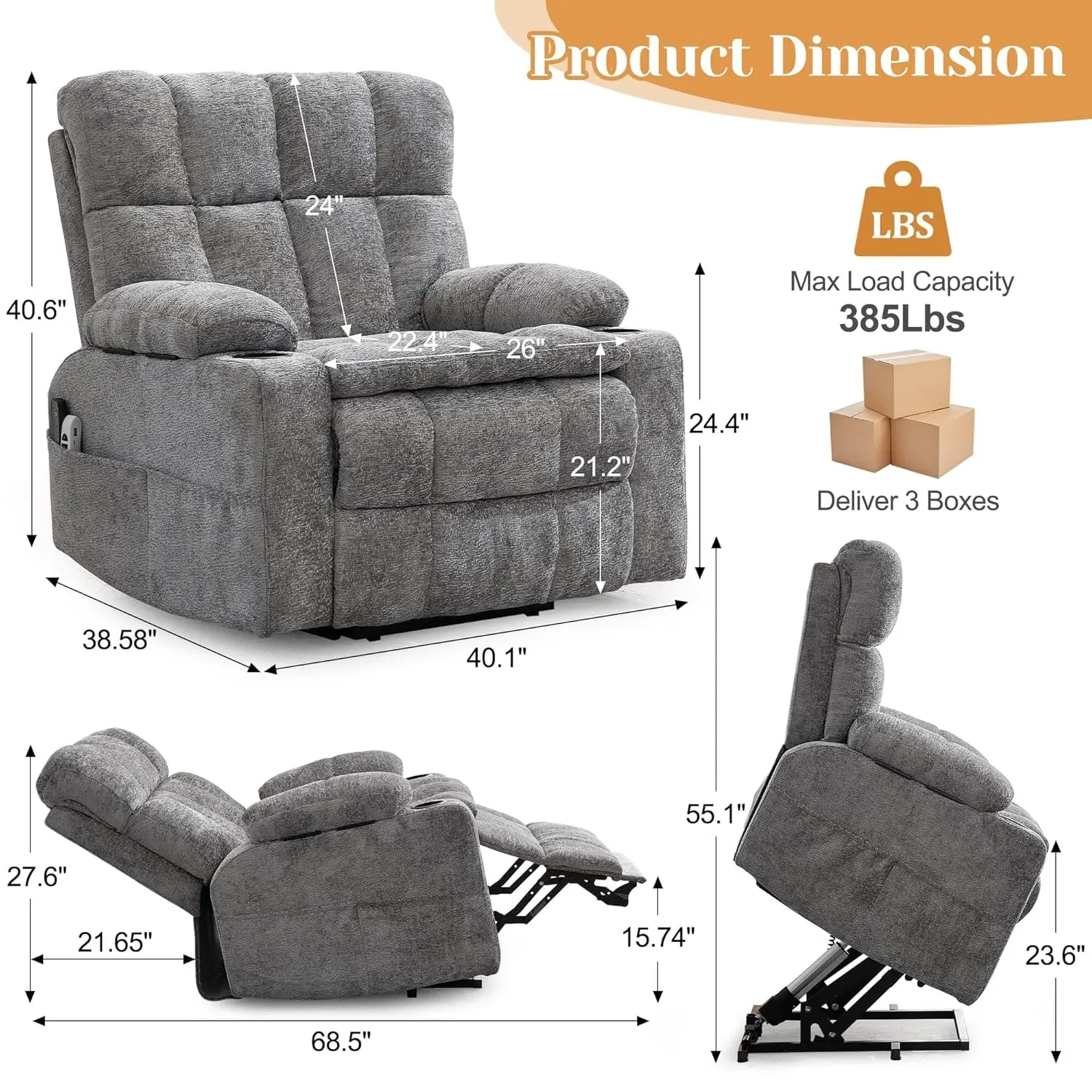 #Oversized Dual Motor Lift Recliner Massage Heat Extra Wide Adjustable Headrest USB Type C Grey, Customized
