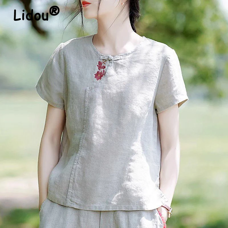 Women Retro Chinese Style Embroidery Short Sleeve T-shirt 2024 Summer Simple Casual Solid Loose Cotton Linen Tops Ropa De Mujer