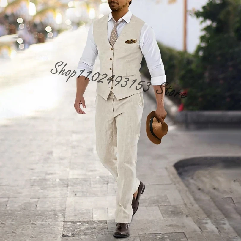 

Men's Summer Wedding Linen Suits Beige Vest Pants 2 Piece Linen Suits Slim Fit Waistcoat Pants Causal Trajes De Hombre