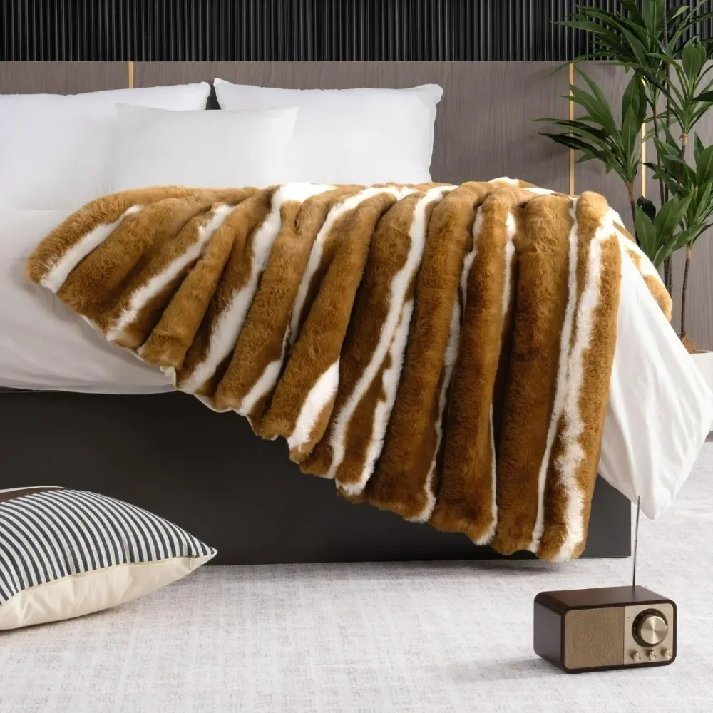 Imitation rabbit fur blanket, soft, thick, warm and fluffy striped blanket for autumn and winter, brown 90x90 inches