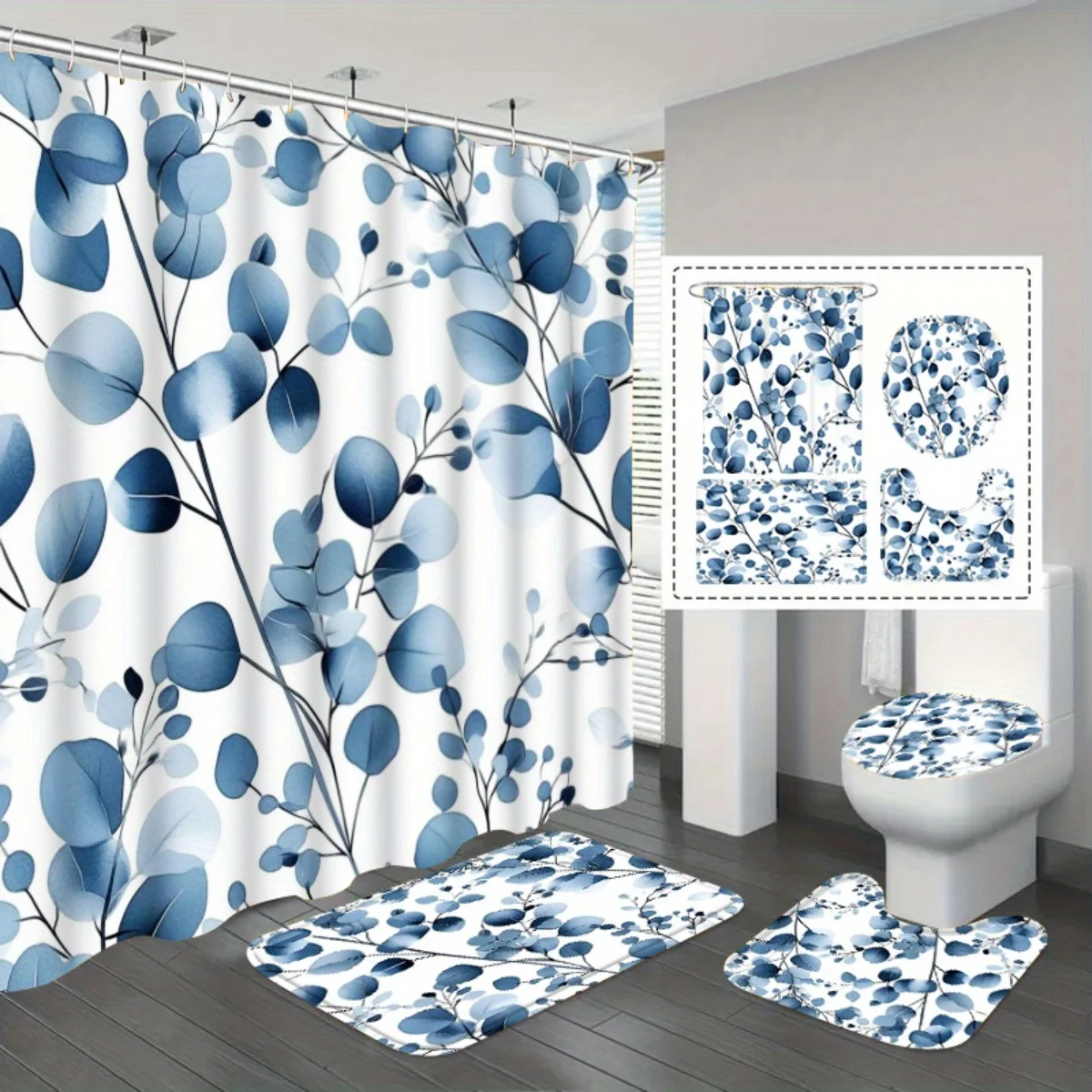 4pc Blue Eucalyptus Bathroom Set - Shower Curtain + Rug + Toilet Seat, Shower Curtain with Fresh Leaf Decoration