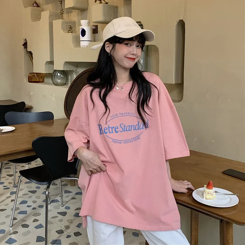 Lässiges Damen-Sommer-T-Shirt mit kurzen Ärmeln, mittellang, schmal geschnitten, für Mädchen, Übergröße, Studentinnen-Shirt, Freizeit-T-Shirt für Damen
