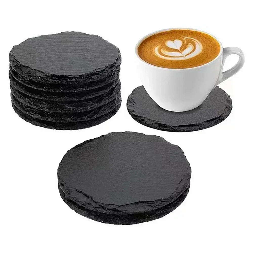 

8pcs Engraving Blank 10cm Round Black Slate Stone Coasters with Anti-Scratch Bottom and Holder Drinks Cup Coasters for Bar Home