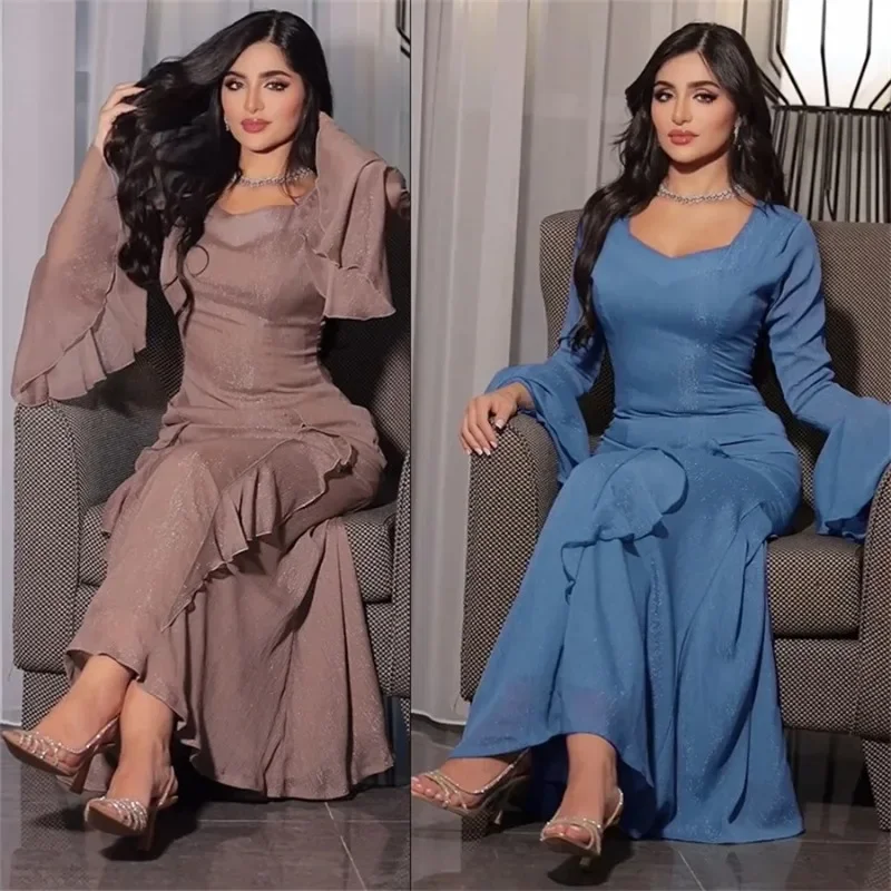 Dubai Flare Sleeve dresses For Muslim Woman V-Neck Solid Elegant Kaftan Moroccan Saudi Fashion Slim Fit Abaya Clothing