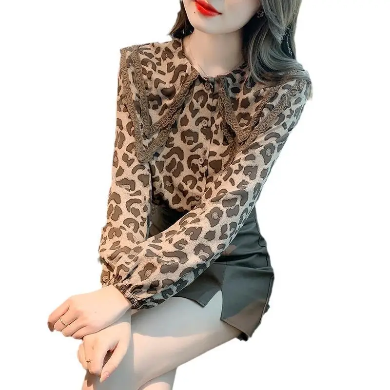 Moda leopardo rendas retalhos blusa manga longa botão all-match tendência camisa topos primavera outono elegante coreano roupas femininas