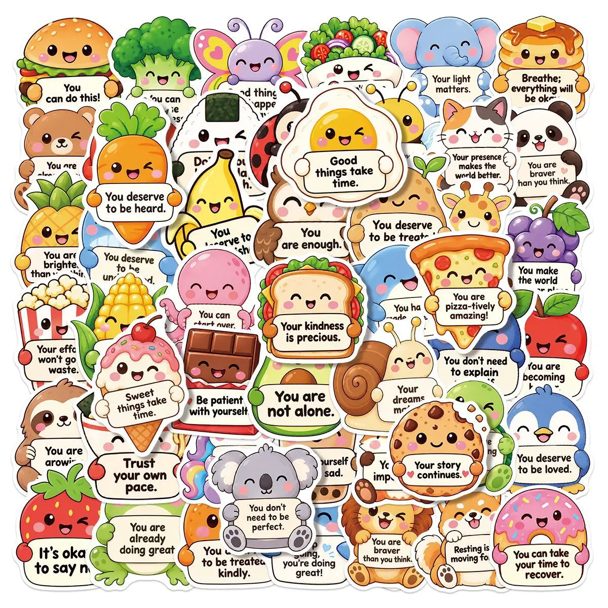 60 PCS Cute Inspirational Text & Cartoon Food Expression Graffiti Stickers Lunch Box Fridge Cabinet Laptop Non Repeated Decals