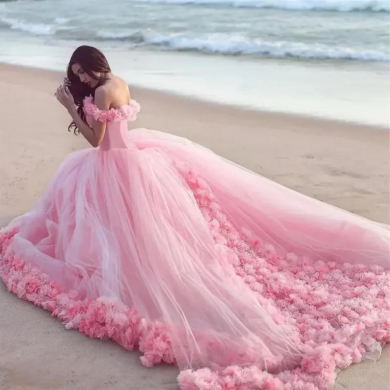 Customized Wedding Dresses Pink Cloud 3D Flower Rose Long Tulle Puffy Ruffle Robe De Mariage Bridal Gown Said Mhamad
