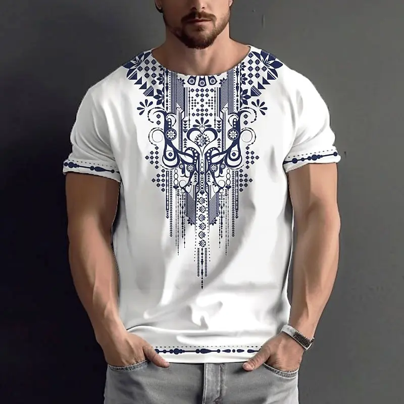 Summer men\'s ethnic retro T-shirt 3D printed T-shirt short sleeved holiday street photo T-shirt casual men\'s top loose size roun