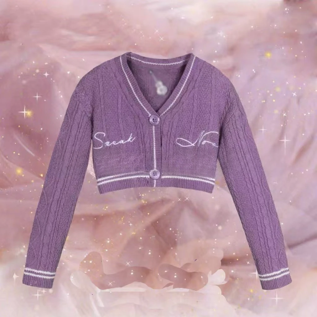 

Американский винтажный укороченный кардиган со звездной вышивкой, женский осенне-зимний свободный фиолетовый вязаный свитер, дизайнерский женский кардиган