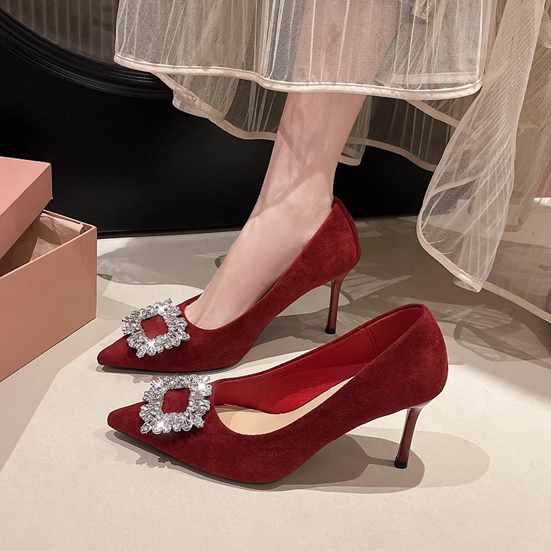 New Spring Luxury Square Buckle Designer Women's High Heels Fashionable Solid Color Elegant Slip-on Wedding High Heel Sandals