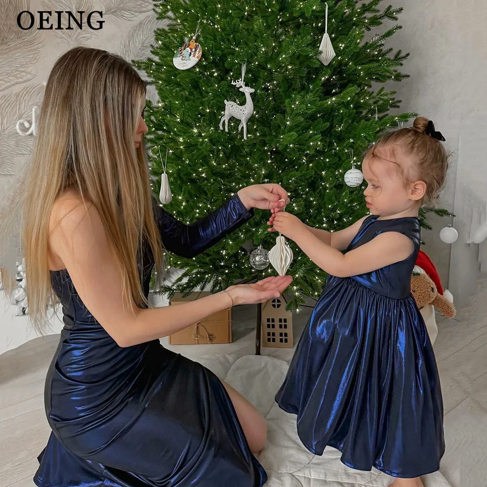 OEING Sparkly Navy Blue Mother And Kids Party Dress Simple One Shoulder Tiered Pleats Mesh Prom Gowns Event Vestidos De Noche