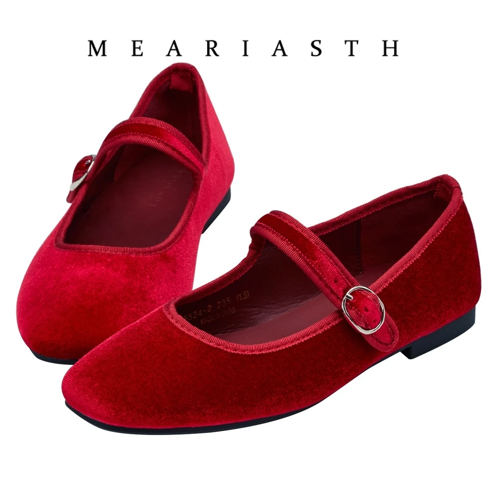 

Red Velvet Ballet Flats Shoes Shallow Women Buckle Round Toe Ballerinas Zapatos Mujer Mary Janes Shoes Non-slip Single Shoes