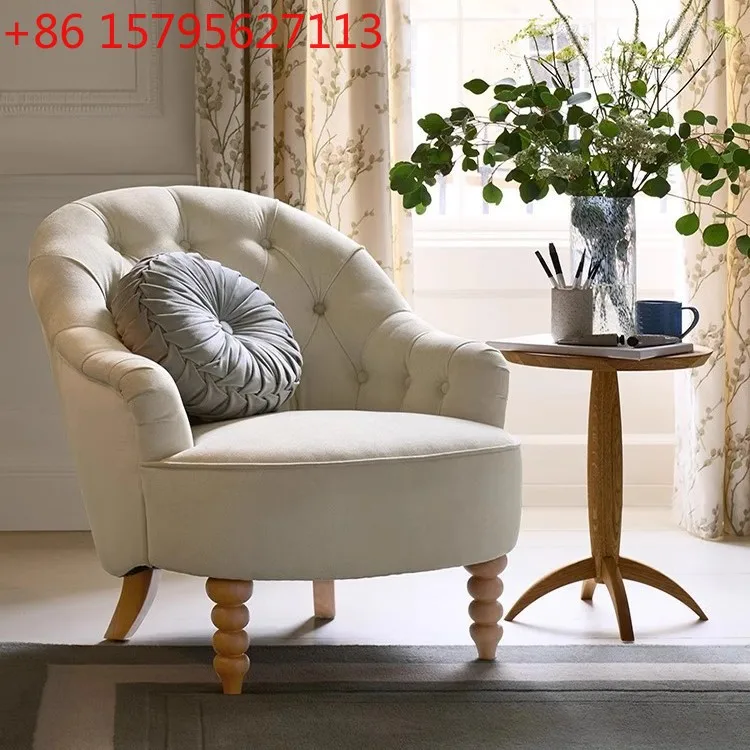 

American solid wood single sofa chair, buckle leisure chair, Nordic simple beige flannel negotiation chair