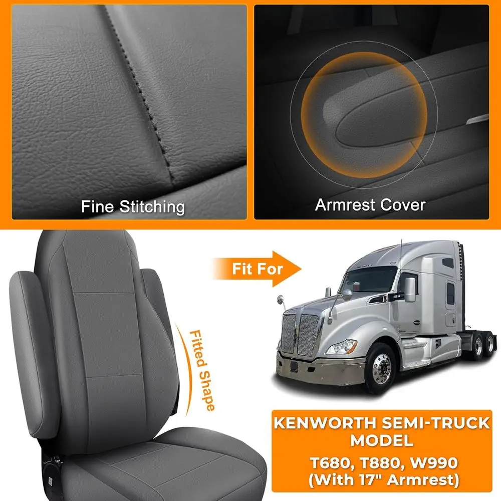 غطاء مقعد جلدي متوافق مع موديل Kenworth T680، T880، W990، مع أغطية مسند الذراع مقاس 17 بوصة، ظهر مرتفع للسائق أو الركاب