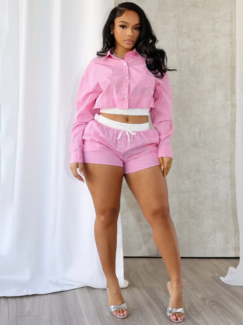 

Women Fashion Striped Patchwork Casual 2 Piece Set Long Sleeve Single Breasted Shirts Crop Tops + Drawstring Shorts Match Suits