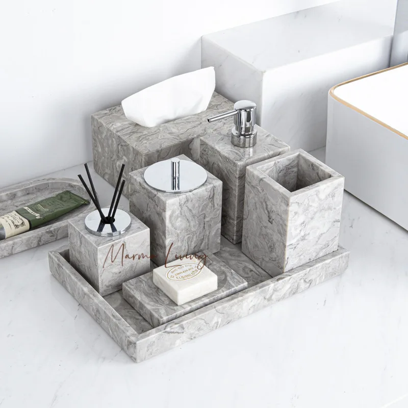 

Marble Tray Organizer Set with Toothbrush Cup Saop Dispenser Luxury European Style Bathroom Accessories for Hotel Villa